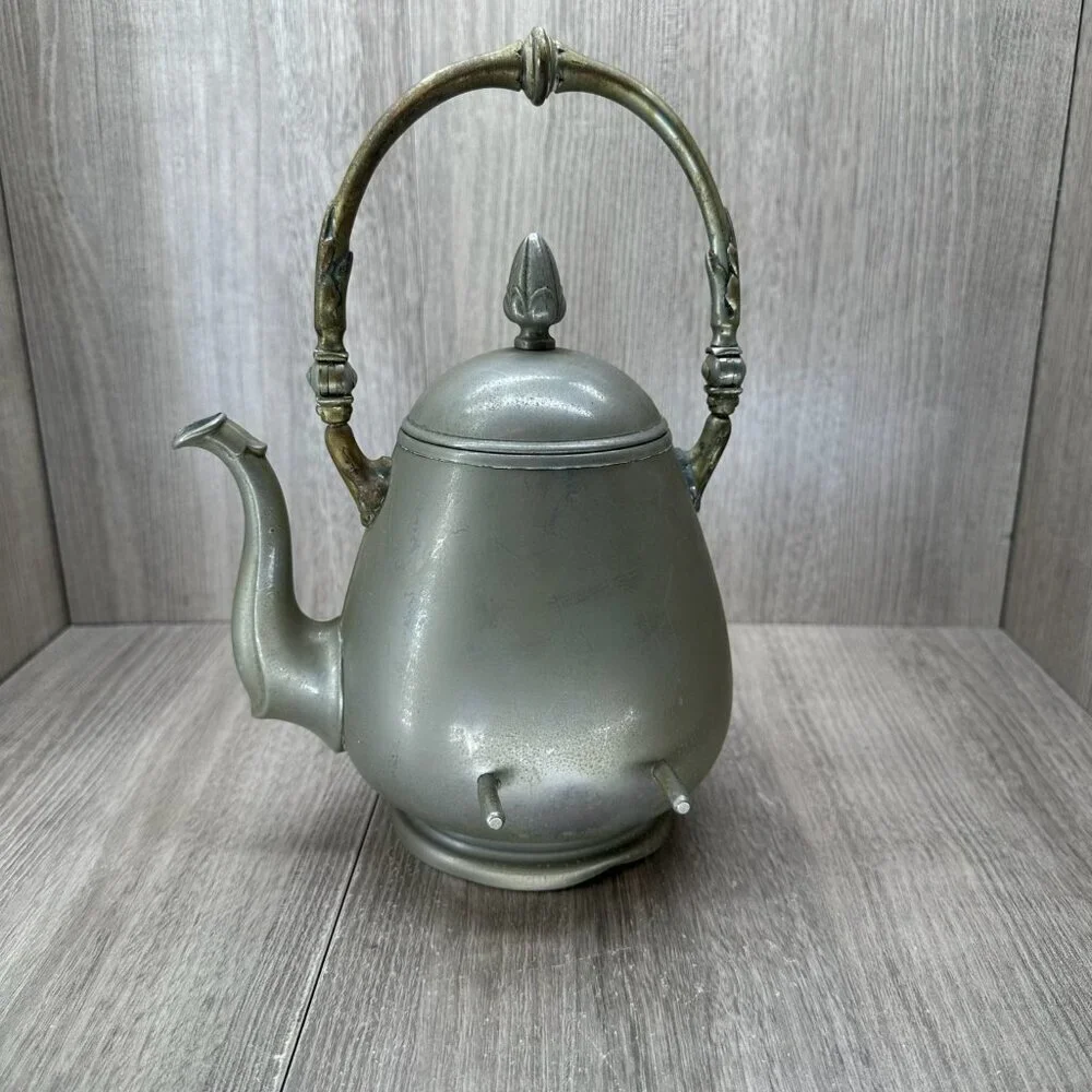 Vintage Decorative Metal Teapot with Ornate Brass Handle Hinged Lid Silver Tone
